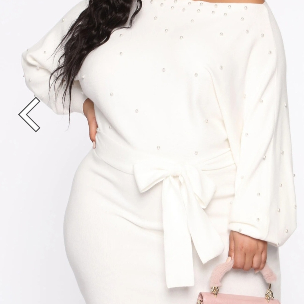 Fashion Nova Elegant White Pearl-Embellished Dress